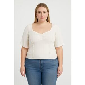 We The Free White Ribbed Sweetheart Neck Top - Size XL, Short Sleeve, NWT